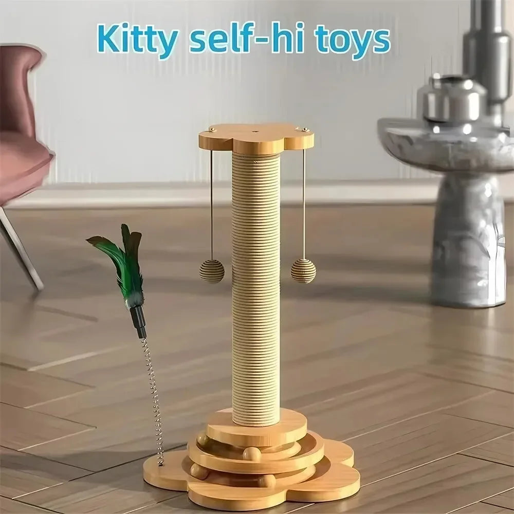 Arbre à Chat en Bois - Jouet et Griffoir Durable avec Balle Amusante